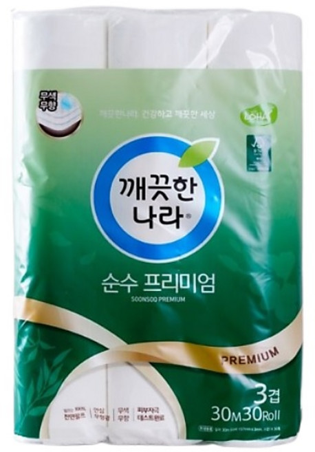 깨끗한나라 순수 프리미엄 화장지 천연펄프 고급롤화장지, 30mm, 30롤, 1개