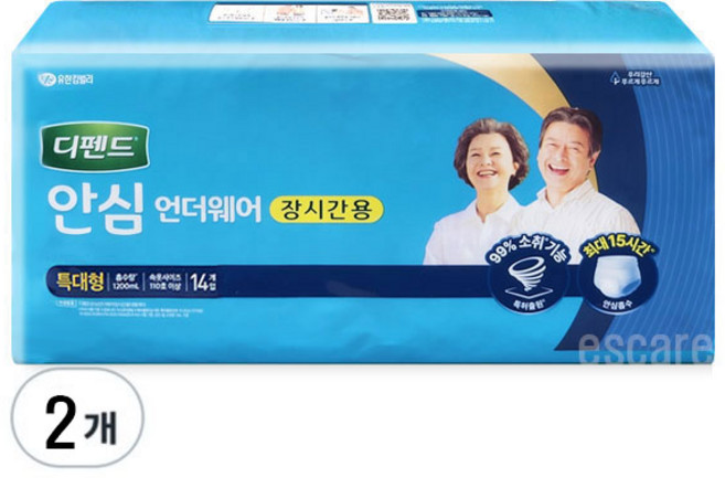 디펜드 남녀공용 안심플러스 요실금 팬티 언더웨어 장시간용 성인기저귀 특대형, 14개입, 2팩