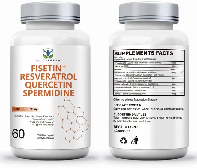 헬시파트너 고함량 피세틴 플러스 레스베라트롤 퀘르세틴 스퍼미딘, 1개, 60정 - 쿠팡
