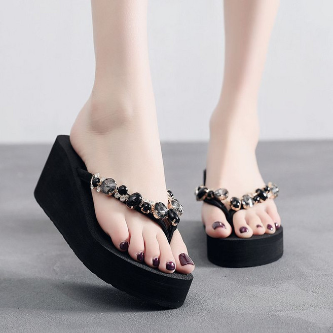 비즈 통굽쪼리 여성용 큐빅 키높이 워터밤 샌들 스트랩 슬리퍼