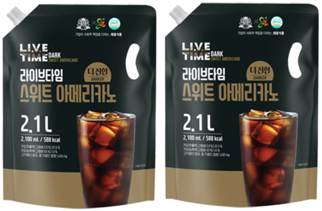 [태웅식품본사] 라이브타임 더진한 스위트아메리카노 '카페에서 마시던 달콤한 더진한 아이스커피' '가성비커피 끝판왕 대용량 홈카페 음료' '더진한 커피에 부드러운 단맛을 더하다', 2.1L, 2개