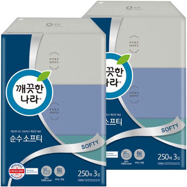 깨끗한나라 먼지없는 소프티 미용티슈 250매x6개 곽티슈 곽휴지, 250매, 6개
