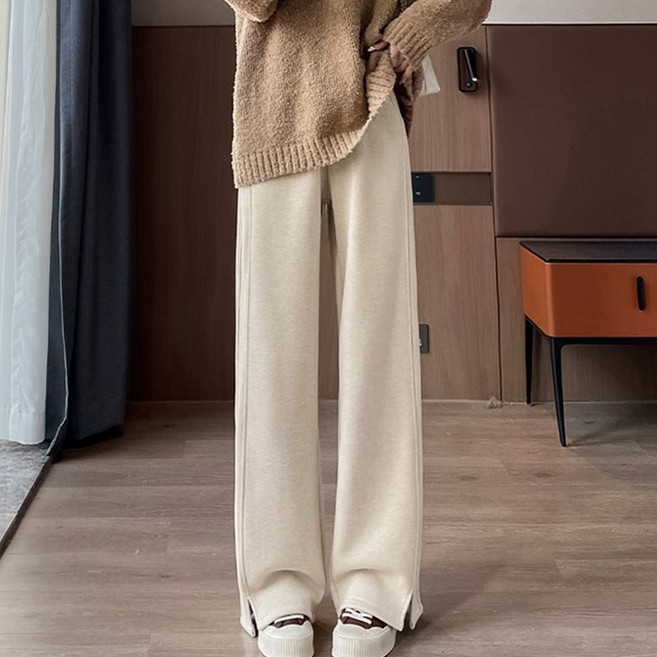 스타일아유 여성 가을겨울 헤링본 와이드팬츠 하이웨스트 기모 두꺼운 슬릿 울팬츠 루즈핏 스트레이트 캐주얼 긴바지 LP1130