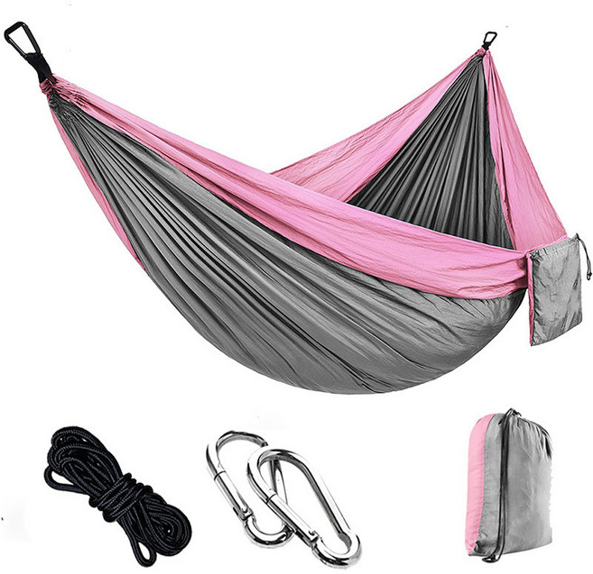 廠家戶外尼龍降落傘布吊牀單人雙人野營騎行室內休閒鞦韆吊椅輕量, 270*140粉拼銀灰(綁繩款)