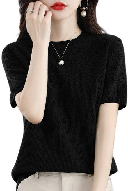 여성용 라운드넥 다이아몬드 펀칭 반팔 니트 티셔츠 통기성 쿨링 부드러운 여성상의 DM291