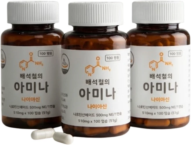 배석철의 아미나 고용량 비타민B3 미국산 나이아신아마이드 500mg, 3개, 100정 - 쿠팡