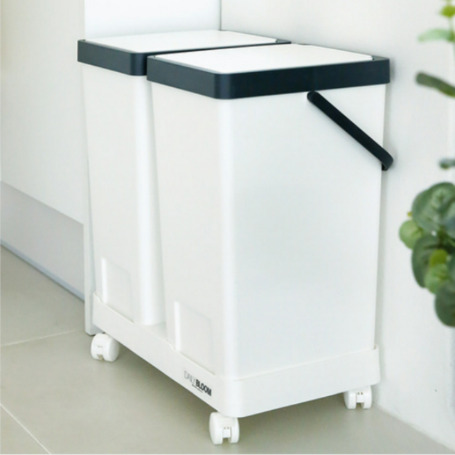 우드리빙 데일리블룸 원터치 재활용 쓰레기통 이동식 가정용 분리수거함 20L, 2P, 베이지네이비, 1개