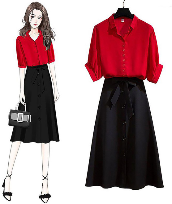 셀럽당 여성용 빅사이즈반팔블라우스+A라인 스커트 투피스 여름 정장 셔츠 세트 Y02676-K