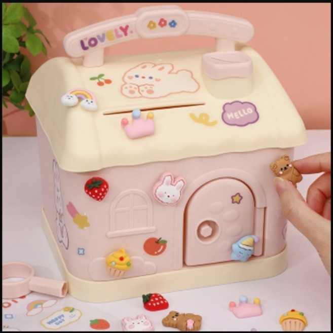 FOOI 나만의 하우스 저금통 만들기 예쁜 금고 입체스티커 증정, 핑크