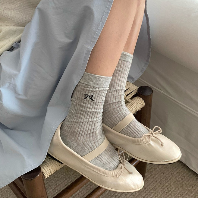 Guokr Store 여성 리본 자수 롱삭스 패션 캐주얼 통기성 5켤레 세트 230-250mm