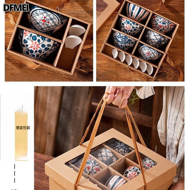 DFMEI 日式碗具套裝碗盤碟禮品瓷碗新婚喬遷新居開業活動陶瓷餐具禮盒裝, 1個, 唐彩, 4碗4勺2盤(10套/箱)