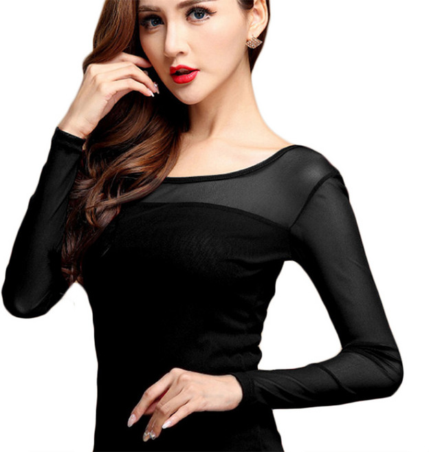 VergoPerco 여성용 라운드넥 칼라 상의 슬림 티셔츠 스키니 메쉬 탄력적 사계절용 638