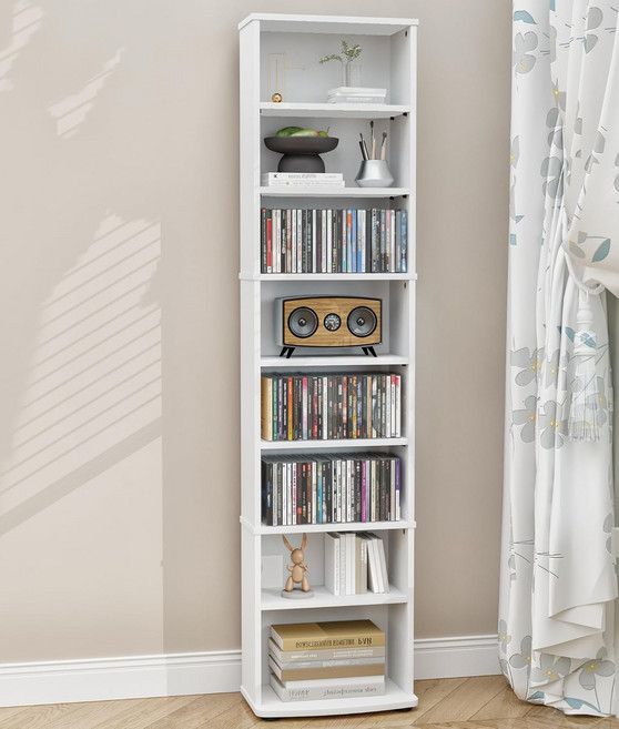 VPSMAT DVD 선반 보관 조절 가능한 선반이 있는 8단 CD 캐비닛 거실 침실 사무실용 멀티미디어 저장 타워 호환, White, 9-Tier