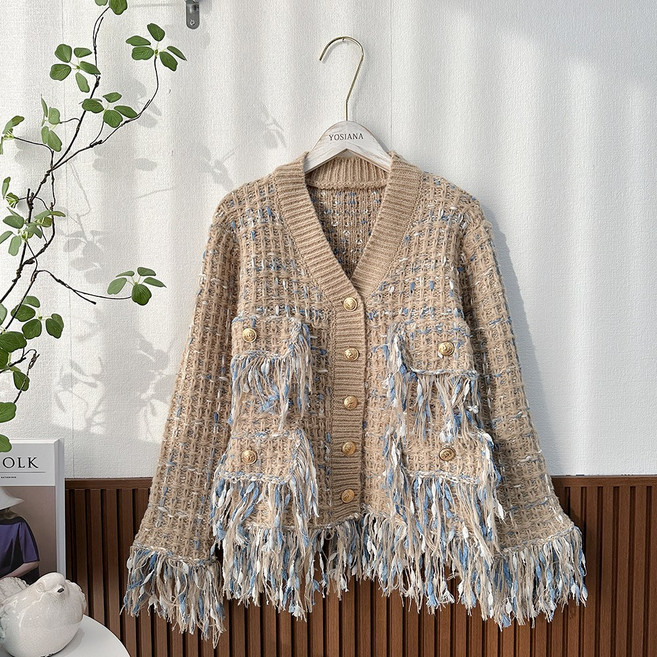 요시아나 [당일발송] 세련된 세피넬 수술장식 트위드 니트 가디건 2컬러