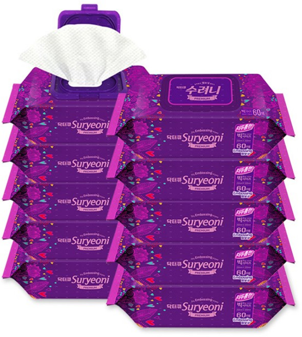 수려니 빅엠보싱 프리미엄 물티슈 60매 x 10팩, 10개, 8.83g