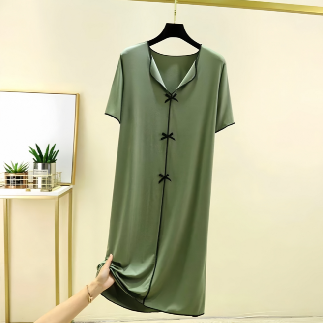 Makone 여성 빅사이즈 반팔 롱 원피스 잠옷 캐주얼 쿨링 얇은 데일리 리본포인트 루즈핏 홈웨어