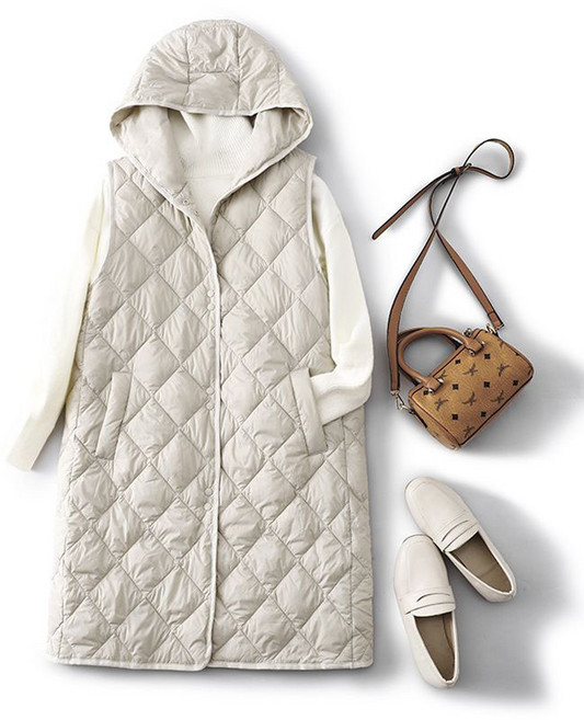 빅사이즈 여성 캐주얼 후드 패딩 조끼 베스트 루즈핏 하프 롱 조끼 민소매 누빔 패딩자켓 아우터