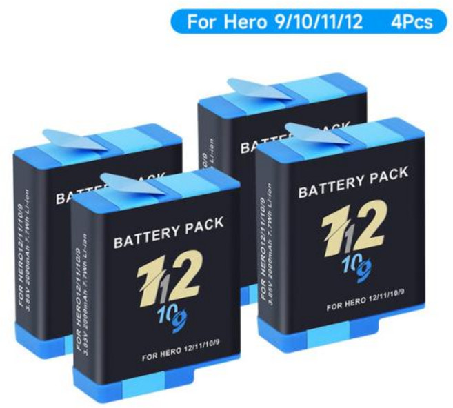 PALO GO PRO 9 10 11 12 배터리 충전기 케이스 포함 고프로 히어로 12 11 10 9 스포츠 카메라 배터리 블랙 액세서리, 4) 4pcs battery, 4) 4PCS Battery