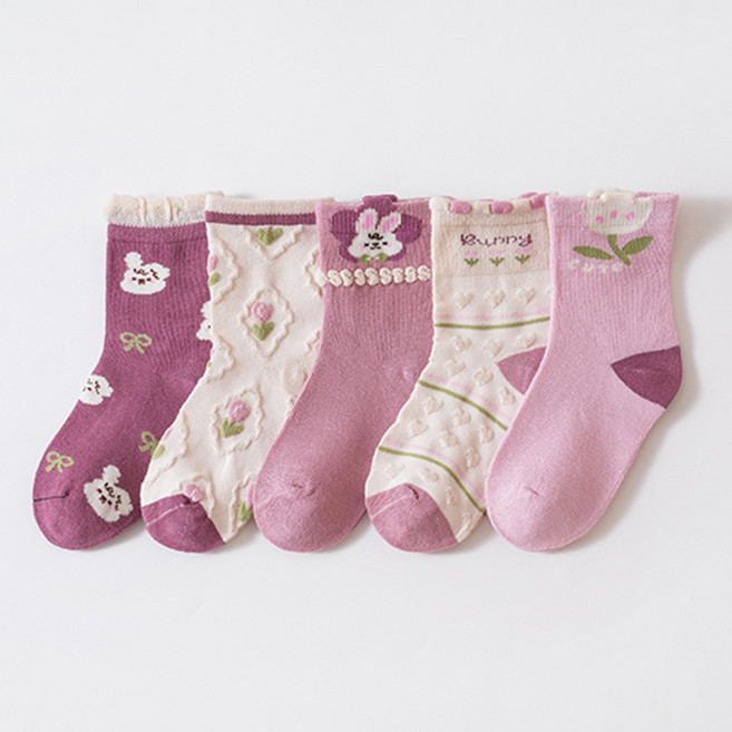 워더미 여아용 사계절 핑크 토끼 중목 양말 5켤레세트 CX8022