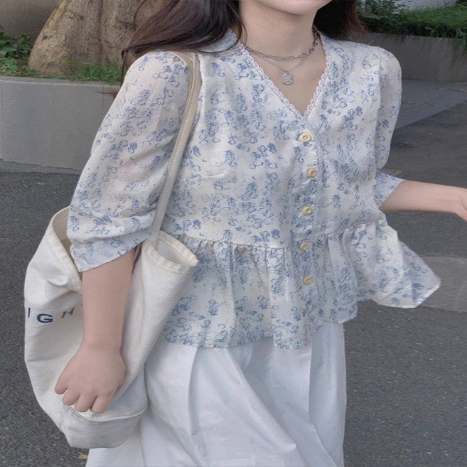여성 여자 플라워 루즈핏 브이넥 블라우스 7부 봄부터 여름까지 빅사이즈 셔츠 상의