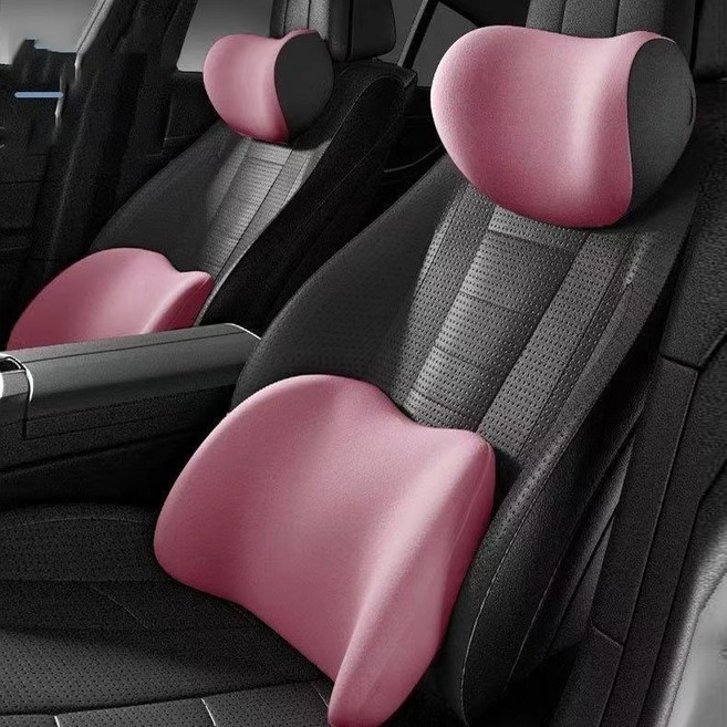 YONO 1+1 차량용 메모리폼 목쿠션 + 등받이 쿠션 세트 자동차 허리쿠션 세트, 1세트, 핑크