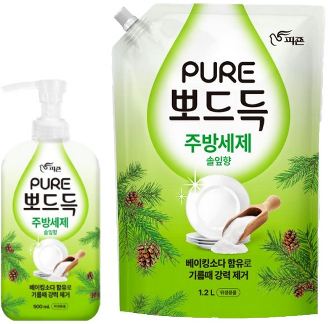 피죤 퓨어 주방세제 뽀드득 솔잎향 500ml 용기 + 1.2L 리필, 1세트, 1.7L