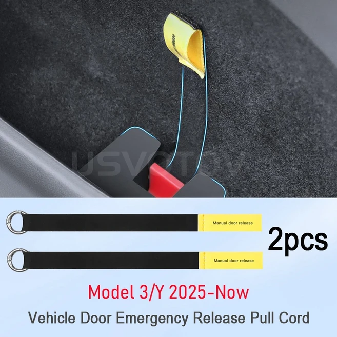 2025 2026 테슬라 모델 3 Y 비상 핸들 탈출 스트랩 확장형 수동 도어 릴리스 비상 안전 풀 로프 풀러, 검은색 (재고)