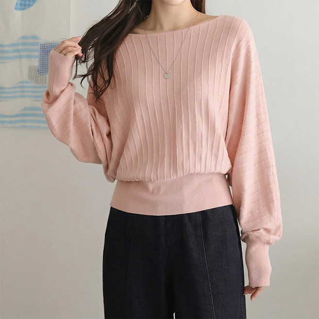 데일리앤 플랏 여리여리 골지 보트넥 가오리핏 긴팔 니트 티셔츠 봄 여름 가을 살안타템