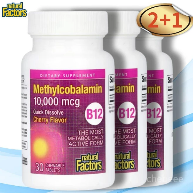 네츄럴팩터스 B12 메틸코발라민 체리 10 000mcg 츄어블 30 정, 3개 - 쿠팡