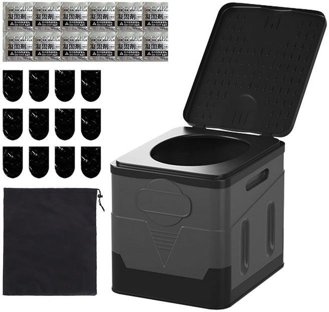 플로우 차량 캠핑 휴대 이동 접이식 변기 + 응고제 +봉투 + 파우치 세트, 1세트, 그레이
