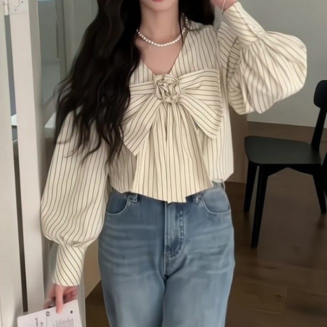 아이엠몽 여성 스트라이프 리본 포인트 블라우스