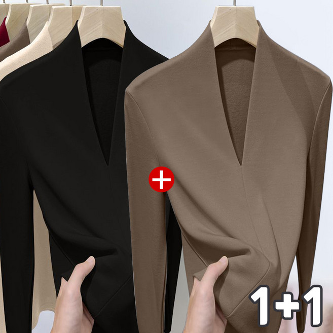 1+1 여성용 슬림핏 이너티 기모 융털 따뜻한 긴팔티 풀오버 상의 빅사이즈 스판 티셔츠