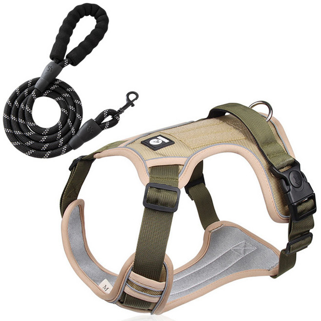 해피펫밀리 중대형견 하네스 리드줄 세트, 1개, 카키+블랙 리드줄