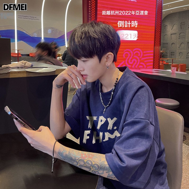 DFMEI 秋季男裝短袖T恤衫男士純棉圓領加肥加大碼胖子寬鬆短袖藏藍