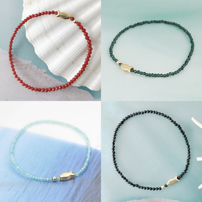 14K 행운 천연석 물고기 팔찌 산호석 마노석 아쿠아마린 블랙스피넬 원석팔찌