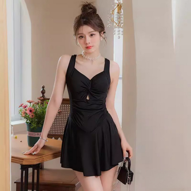 ANYOU 여성 원피스 수영복 빅사이즈 민소매 수영복 체형커버 디자인 모노키니 여름 휴양지 비치웨어, 블랙