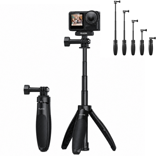 TELESIN 미니 셀카봉 2.0 알루미늄 초소형 휴대용 15cm~40cm 길이조절 삼각대 일체형 고프로 DJI 액션캠 스마트폰 호환 브이로그 여행 촬영 액세서리, 1개, 검은색