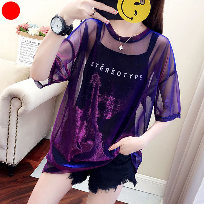 FANSYLI 여름 반팔티 패션 펄 망사 티셔츠 나시 투피스 미디움 롱 루즈핏 상의 여성 고급 반팔티 X12D28