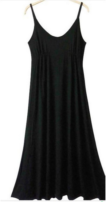 JDUDS 莫代爾細肩連衣裙 黑白條紋 波西米亞風 交叉美背 長裙 洋裝, 黑色