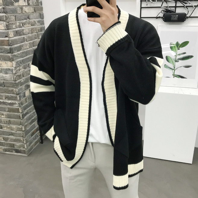 용된다 남자 오픈 배색 오버핏 니트 가디건