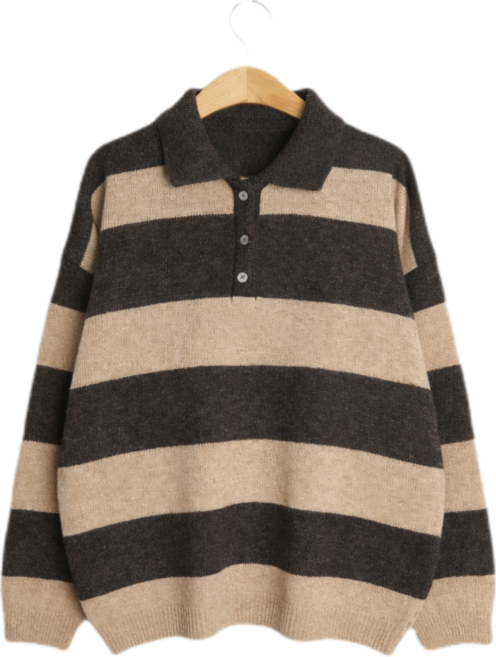 리프 단가라 스트라이프 카라넥 오버핏 니트 3color