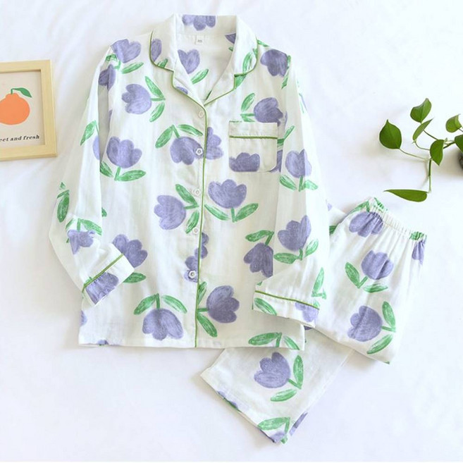 화이트 블루 튤립 순면 거즈면 잠옷 세트