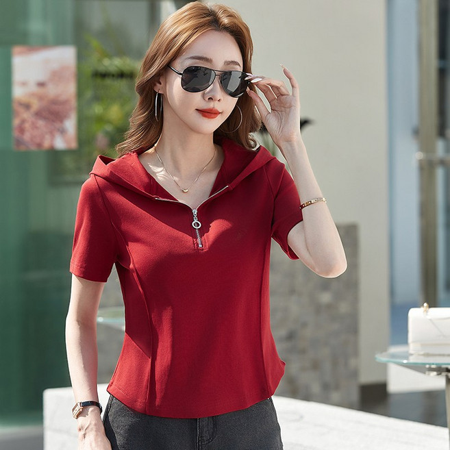 NEW 패션 여성반팔후드티/면티셔츠/반집업반팔/무지반팔티/여름 여자 슬림핏상의/캐주얼 풀오버 반팔티