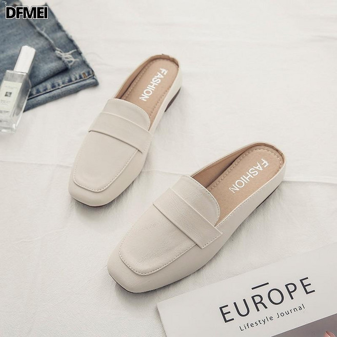 QRU 包頭半拖鞋女外穿夏季新款韓版方頭一腳蹬懶人穆勒拖鞋女士涼鞋, 10 cm, 白色:37