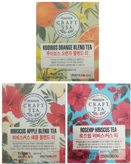 피코크 로즈힙 히비스커스티 7g(7티백)+히비스커스 애플블렌드티 7g(7티백)+루이보스 오렌지블렌드티 7g(7티백) 각 1개씩, 1g, 1개