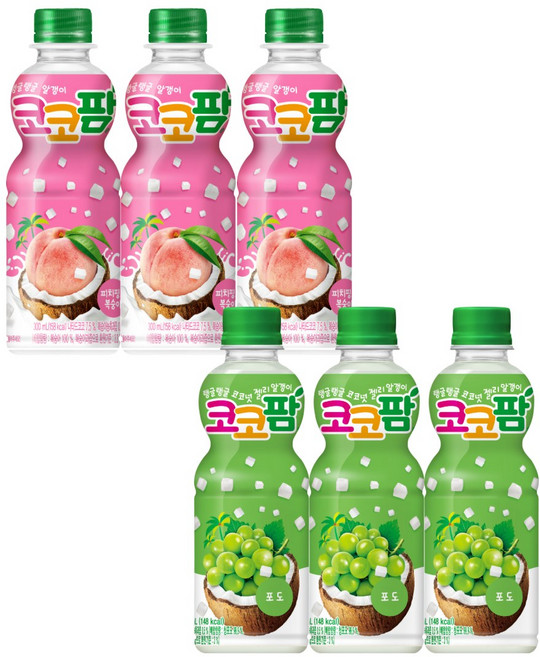 해태 코코팜 페트 음료 2종 각 3개씩(피치핑크복숭아/포도), 6개, 300ml