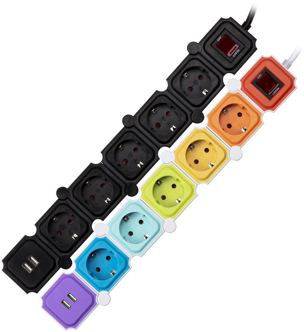 유커먼 요리조리 꺾이는 디자인 고용량 USB 멀티탭 5구, 1개, 화이트+레인보우, 1.5m