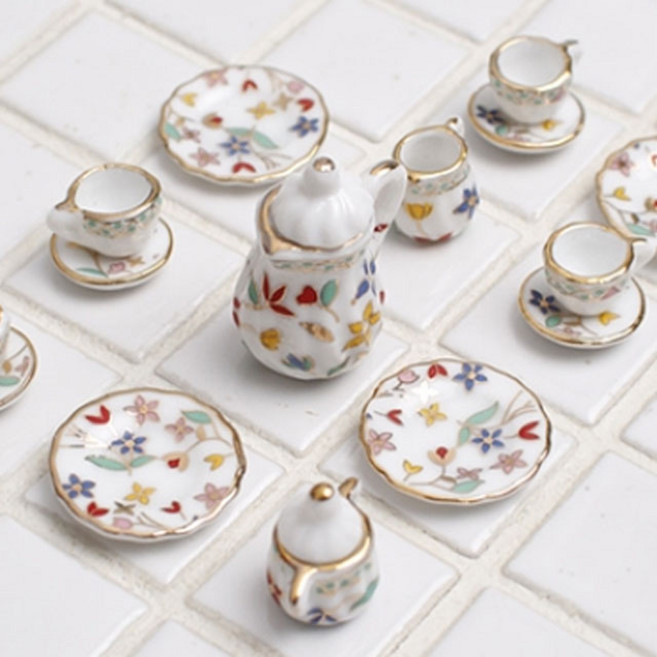 미니어처 오색 플라워 티포트 찻잔세트 17P 티타임 인테리어 소품 디자인 아이디어상품