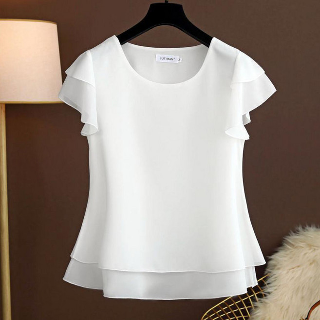 여성 여름 쉬폰 블라우스 쿨 프릴 찰랑찰랑 라운드 플레어 반팔 우아한 빅사이즈 루즈핏 시원한 부드러운 반팔티