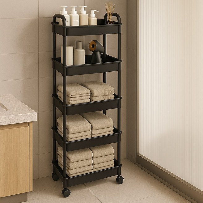 노블민트 틈새수납장 이동식 선반 욕실 코너 수납함, 블랙